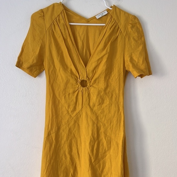 Sandro Paris Tamara Linen Asymmetric Cutout Gathered Twill Yellow Dress Size 34 - Picture 4 of 13
